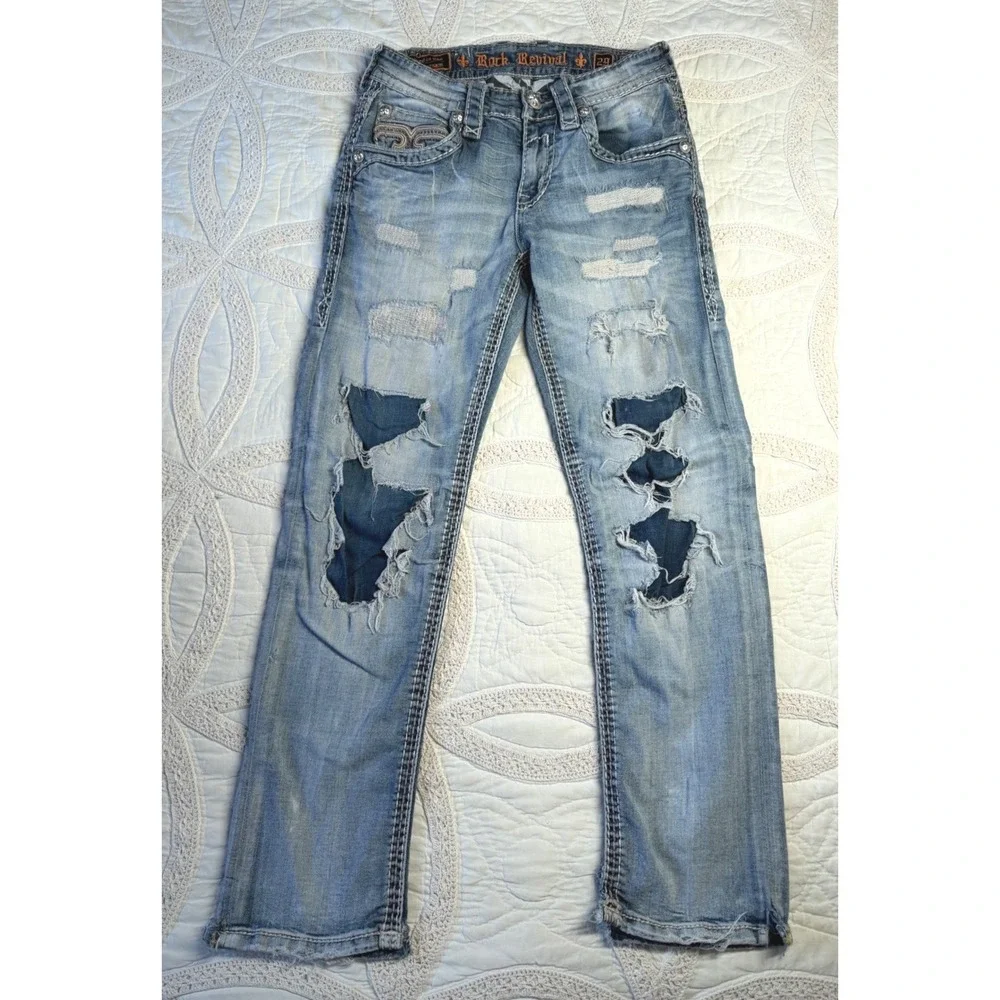 Rock Revival Stan Straight Jeans Blue Distressed Grunge Biker Festival Mens 29